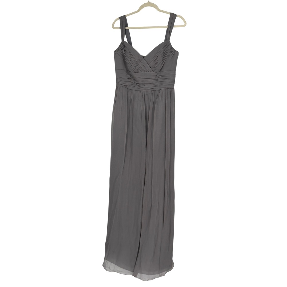Melissa Sweet 10 Gray 100% Silk Chiffon Ruched V Neck Bridesmaid Maxi Gown